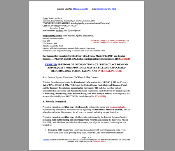 VERIFIED FREEDOM OF INFORMATION ACT / PRIVACY ACT DEMAND AND REQUEST FOR INDIVIDUAL MASTER FILE AND ASSOCIATED RECORDS, both public-facing and internal/private
