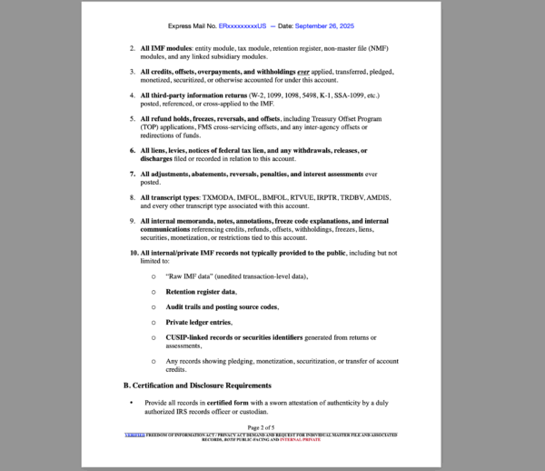 VERIFIED FREEDOM OF INFORMATION ACT / PRIVACY ACT DEMAND AND REQUEST FOR INDIVIDUAL MASTER FILE AND ASSOCIATED RECORDS, both public-facing and internal/private