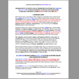 MEMORANDUM OF POINTS AND AUTHORITIES IN SUPPORT OF VERIFIED (28 U.S.C § 1746) FILINGS STANDING AS TRUTH AND MANDATORY SUMMARY JUDGMENT UNDER RULES 8 AND 56 OF THE FRCP