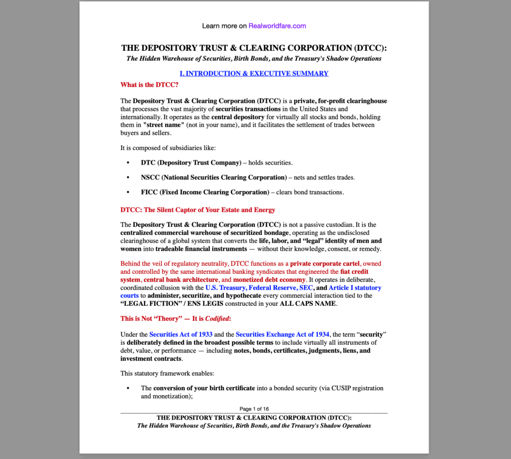 THE DEPOSITORY TRUST & CLEARING CORPORATION (DTCC): The Hidden Warehouse of Securities, Birth Bonds, and the Treasury's Shadow Operations