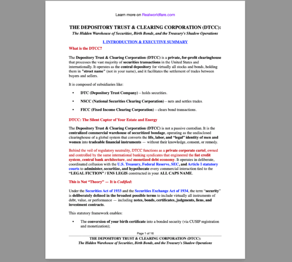 THE DEPOSITORY TRUST & CLEARING CORPORATION (DTCC): The Hidden Warehouse of Securities, Birth Bonds, and the Treasury's Shadow Operations